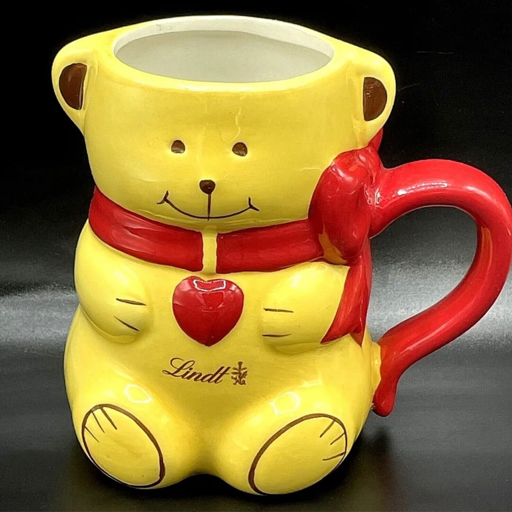 Lindt Chocolate Cup Mug 3D Bear with Red Bow Advertising Rare Yellow Red Brown